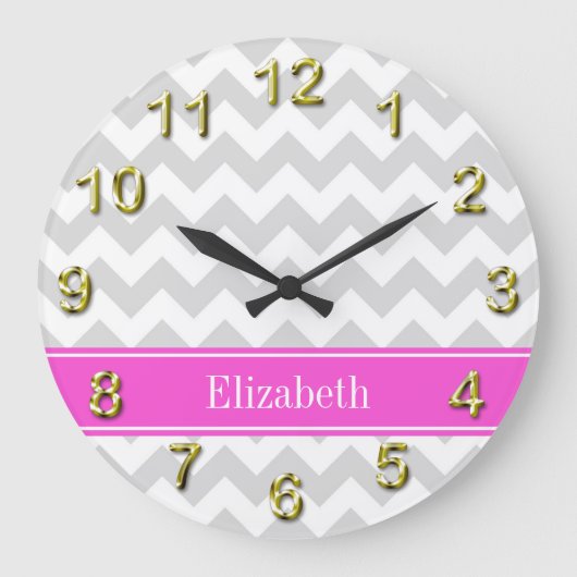 Lt Grau weiß Zickzack Hot Pink Name Monogramm Große Wanduhr (Vorderseite)