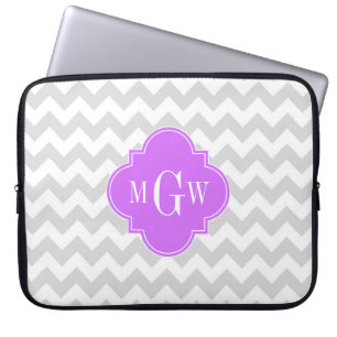 Lt Grau Wht Chevron Lilac Vierblatt 3 Monogramm Laptopschutzhülle