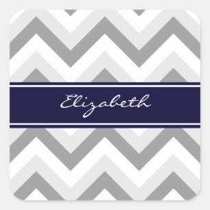 Lt Gray Med Gray White Zickzack Navy Name Monogram Quadratischer Aufkleber