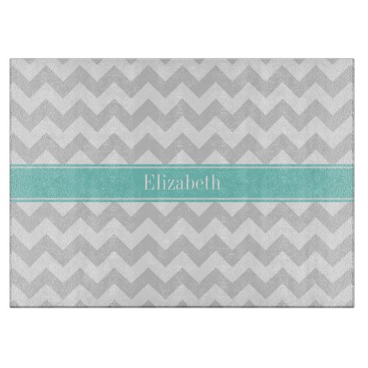 Lt Gray Welch Zickzack ZigZag Aqua Name Monogramm Schneidebrett (Vorderseite)