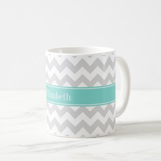 Lt Gray Welches Zickzack Aqua Turquoise Name Monog Kaffeetasse (VorderseiteRechts)