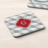 Lt Gray White 3D Look Cubes Cranberry Monogram Untersetzer (Linke Seite)