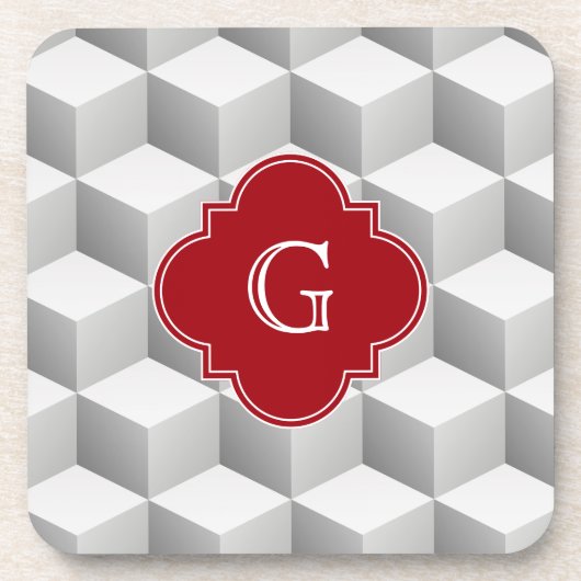 Lt Gray White 3D Look Cubes Cranberry Monogram Untersetzer (Vorderseite)