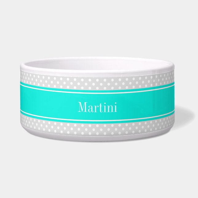 Lt Gray White Polka Dots Brt Aqua Ribbon Monogram Napf (Vorderseite)