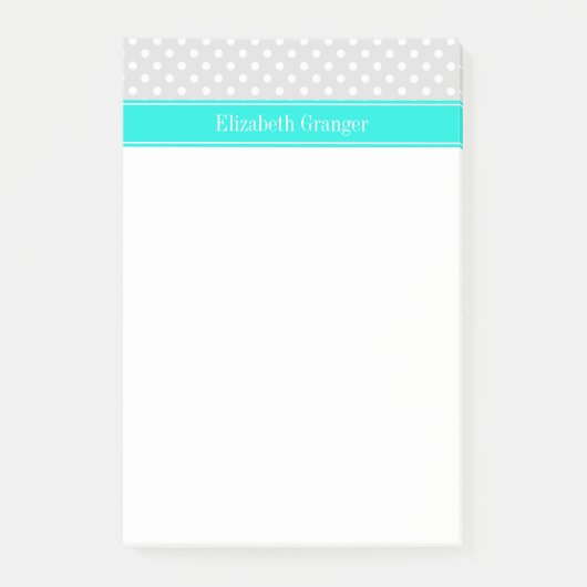 Lt Gray White Polka Dots Brt Aqua Ribbon Monogram Post-it Klebezettel (Vorderseite)
