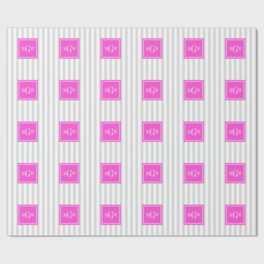 Lt Gray White Strip Hot Pink Square 3 Monogramm Geschenkpapier (Flach)