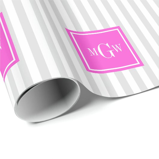 Lt Gray White Strip Hot Pink Square 3 Monogramm Geschenkpapier (Rolleneckpunkt)