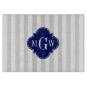 Lt Gray White Strip Navy Quatrefolie 3 Monogramm Schneidebrett (Vorderseite)