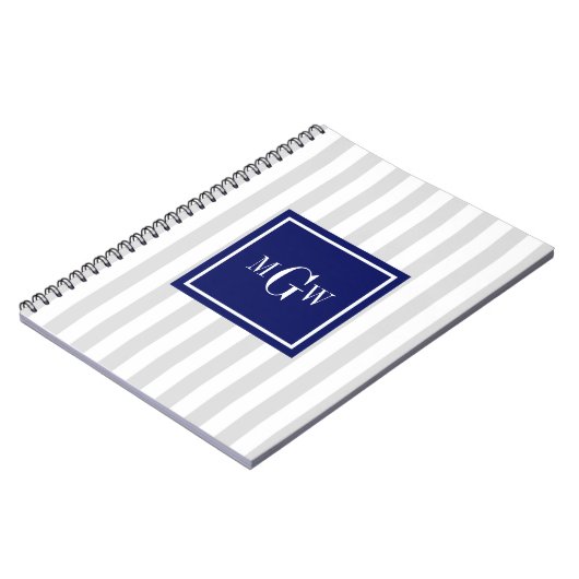 Lt Gray White Strip Navy Square 3 Monogramm Notizblock (Linke Seite)