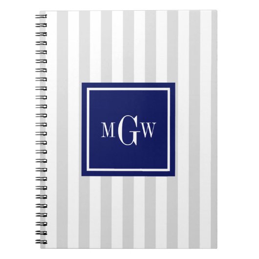 Lt Gray White Strip Navy Square 3 Monogramm Notizblock (Vorderseite)
