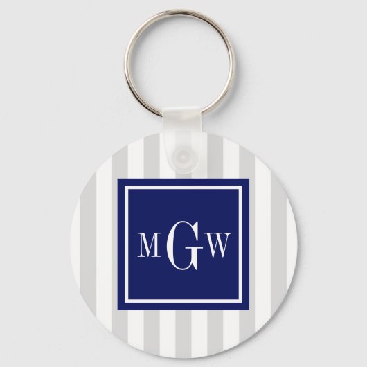 Lt Gray White Strip Navy Square 3 Monogramm Schlüsselanhänger (Vorderseite)