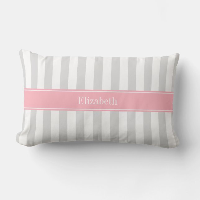 Lt Gray White Strip Pink Name Monogram Lendenkissen (Vorderseite)
