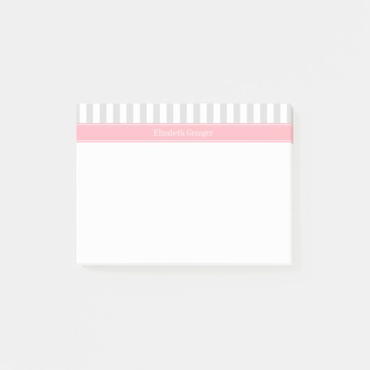 Lt Gray White Strip Pink Name Monogram Post-it Klebezettel (Vorderseite)