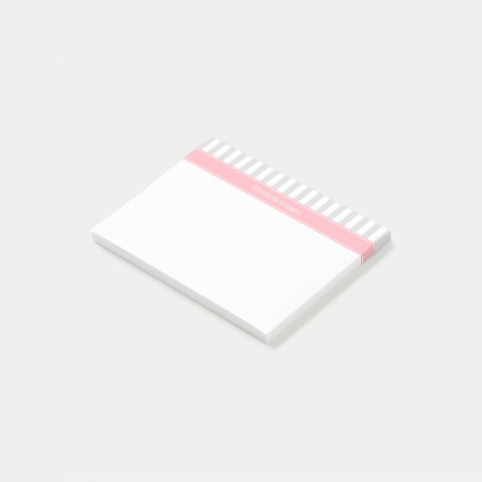 Lt Gray White Strip Pink Name Monogram Post-it Klebezettel (angewinkelt)