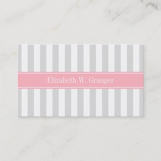 Lt Gray White Strip Pink Name Monogram Visitenkarte (Vorderseite)