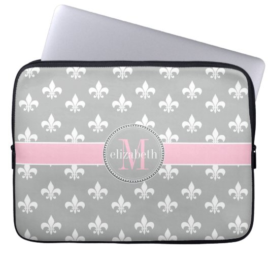 Lt Grey Pink White Lilie Monogram Laptopschutzhülle (Vorderseite)