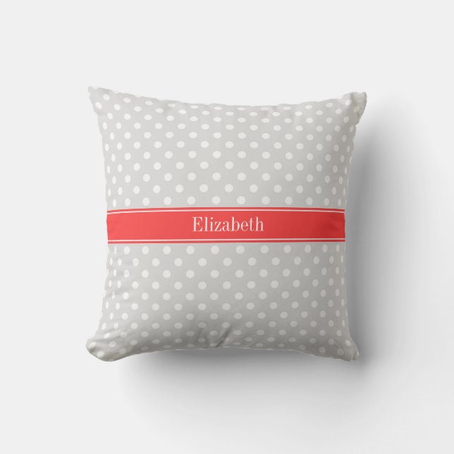 Lt Grey White Polka Dots Coral Name Monogram Kissen (Vorderseite)