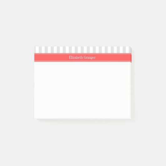 Lt Grey White Strip Coral Red Name Monogram Post-it Klebezettel (Vorderseite)