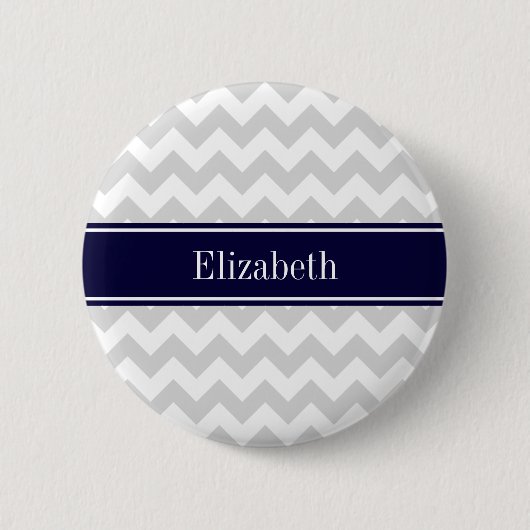Lt Grey White Zickzack Navy Blue Name Monogram Button (Vorderseite)