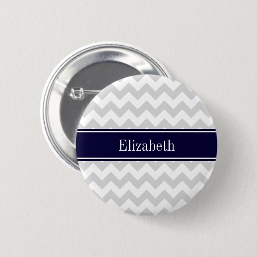 Lt Grey White Zickzack Navy Blue Name Monogram Button (Vorne & Hinten)