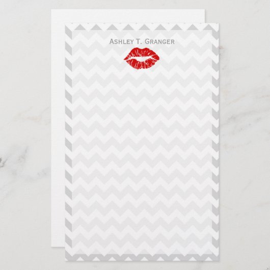Lt Grey White Zickzack, Red Lipstick Kiss Briefpapier (Vorne/Hinten)