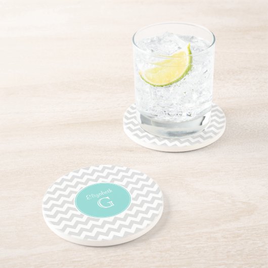 Lt Grey White Zickzack Rnd Aqua Name Monogram Untersetzer (Seite)