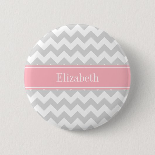 Lt Grey White Zickzack Zigzag Pink Name Monogram Button (Vorderseite)