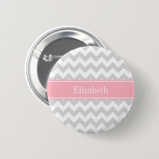 Lt Grey White Zickzack Zigzag Pink Name Monogram Button (Vorne & Hinten)