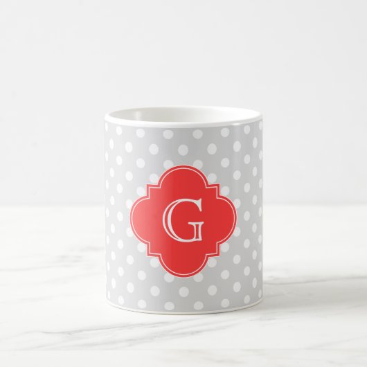 Lt Grey Wt Polka Dot Coral Red Quatrefolie Monogra Kaffeetasse (Mittel)