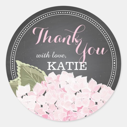 Lt Pink Hydrangea auf Chalkboard Vielen Dank Stick Runder Aufkleber (Vorderseite)
