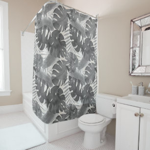 Luana Watercolor Tropical Gray Blätter Duschvorhang