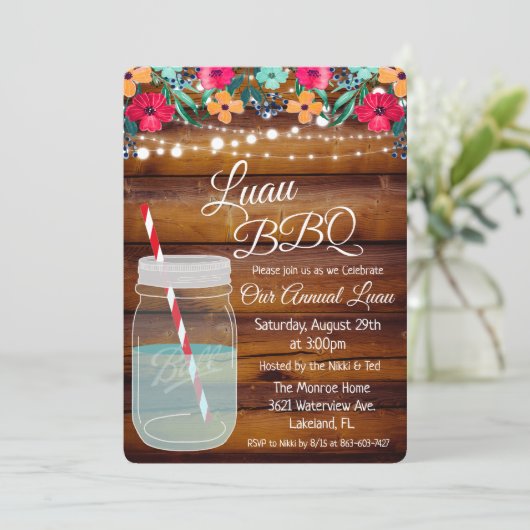 Luau Aloha Mason Jar Einladung (Stehend Vorderseite)