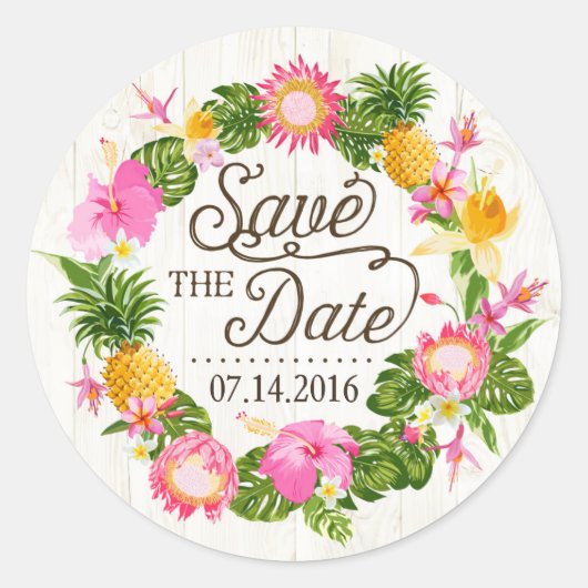 Luau Beach Tropical Floral Save the Date Label Runder Aufkleber (Vorderseite)