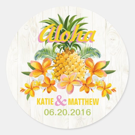 Luau Beach Tropical Floral Wedding Label Runder Aufkleber (Vorderseite)