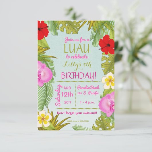 Luau Birthday Celebration Party Einladung (Stehend Vorderseite)