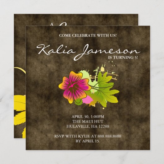 Luau Birthday Party Einladung Hibiskus Blume Süede (Vorne/Hinten)