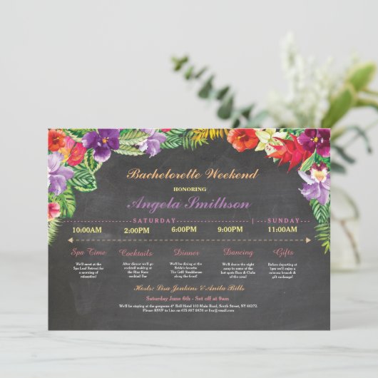 Luau Brautparty Itinerary Bachelorette Einladung (Stehend Vorderseite)