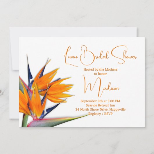 Luau Brautparty Orange Bird of Paradise Design Einladung (Vorderseite)
