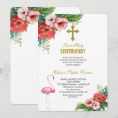 Luau Flamingo Tropical Floral Heilige Kommunion Einladung (Vorne/Hinten)
