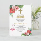 Luau Flamingo Tropical Floral Heilige Kommunion Einladung (Stehend Vorderseite)