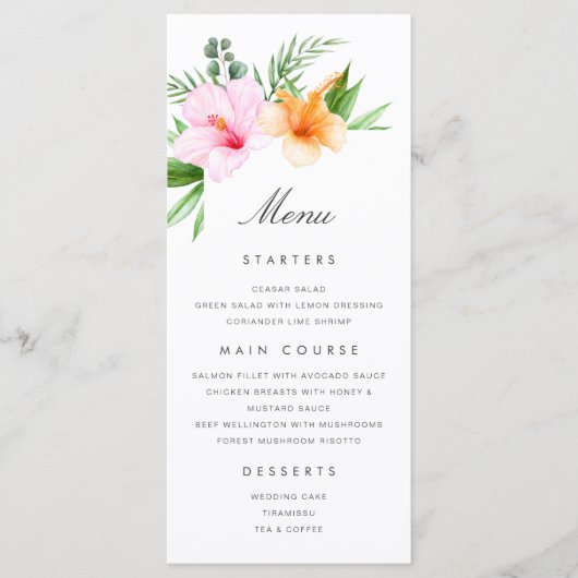 Luau Floral Beach Palm Tropical Wedding Menu Menükarte (Vorderseite)