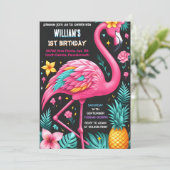 Luau Fly Pink Flamingo Pool Party 1. Geburtstag Einladung (Stehend Vorderseite)