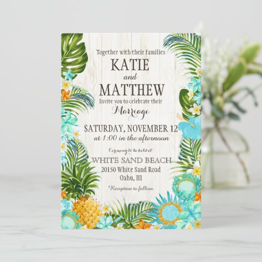 Luau Hawaiian Beach Rustic Wedding Einladung (Stehend Vorderseite)