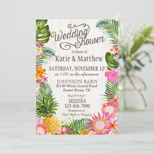 Luau Hawaiian Beach Rustikaler Polterabend Einladung (Stehend Vorderseite)