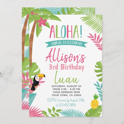 Luau Hawaiian Birthday Einladung (Vorne/Hinten)