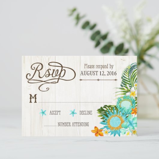 Luau Hawaiian Wedding Beach Rustic Beach RSVP Card (Stehend Vorderseite)
