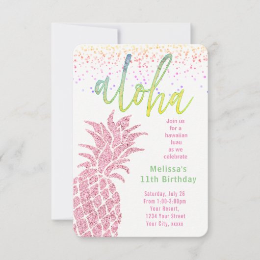 Luau Imitate Glitzer Rosa Ananas Sommergeburtszeit Einladung (Vorderseite)