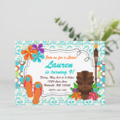 Luau Party Invite, Türkis Damask und Tiki Man Einladung (Stehend Vorderseite)