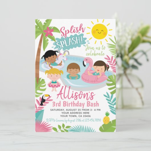 Luau Pool Geburtstag Einladung (Stehend Vorderseite)
