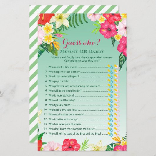 Luau Tropical Baby Shower Game PRINTED (Vorne/Hinten)